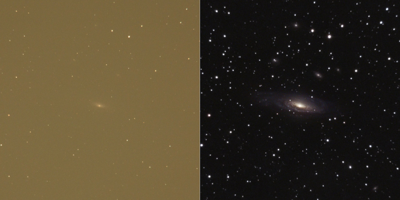 astrophoto single frame and processed image comparison
